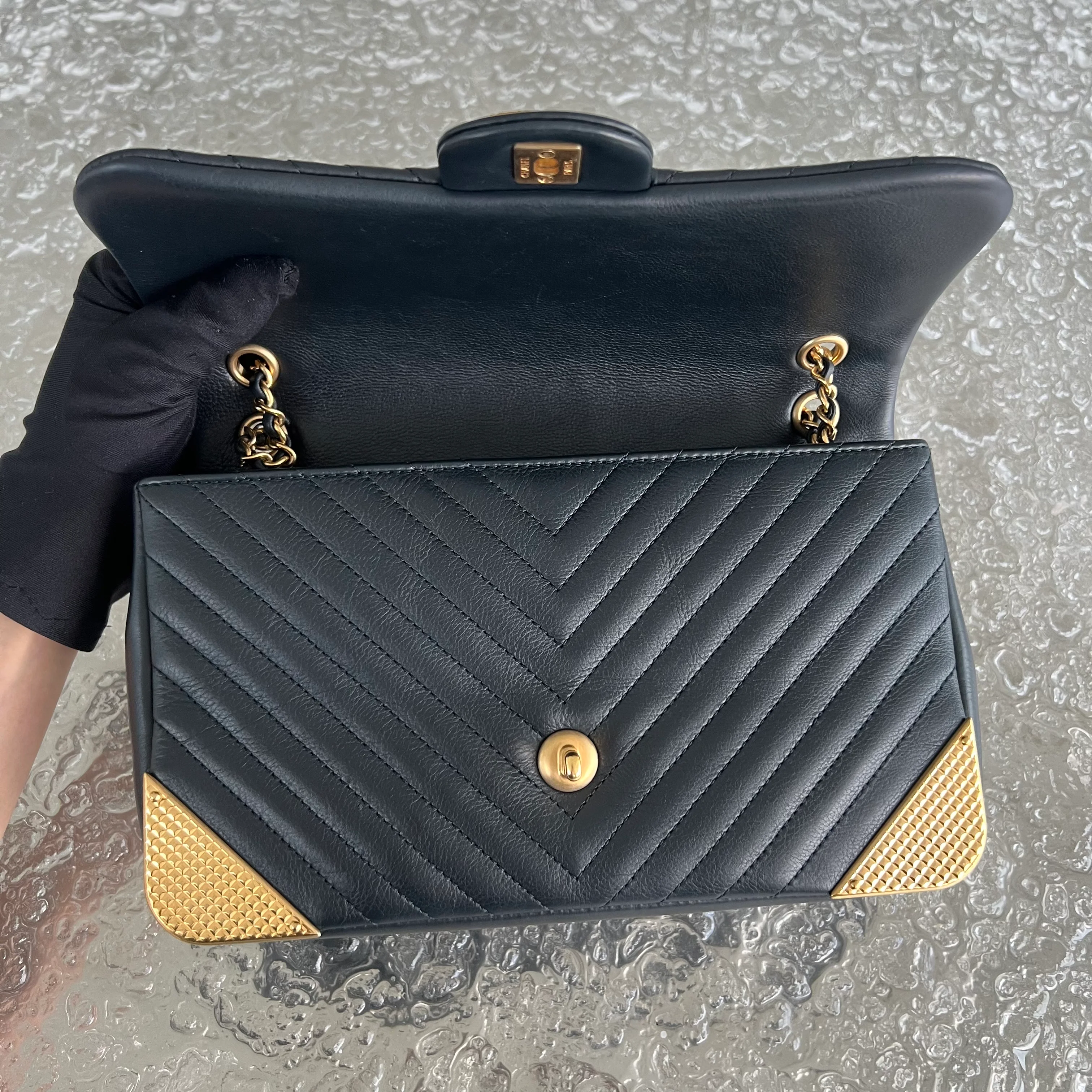 *Rare* Chanel Classic Flap Small Rock The Corner Seasonal Chevron Calfskin Black Golden Hardware Series 26 - Best Luxury Designers
