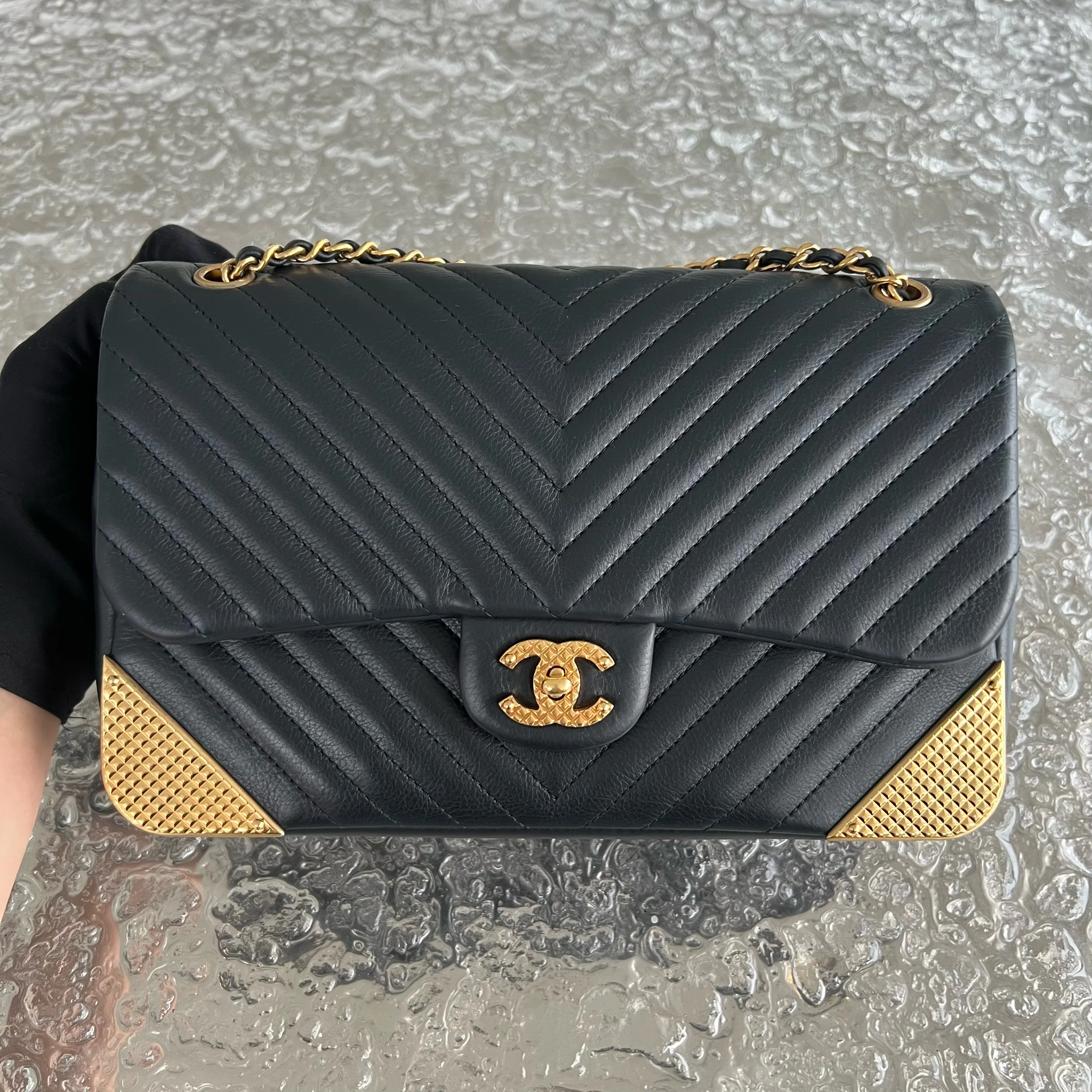 *Rare* Chanel Classic Flap Small Rock The Corner Seasonal Chevron Calfskin Black Golden Hardware Series 26 - Best Luxury Designers