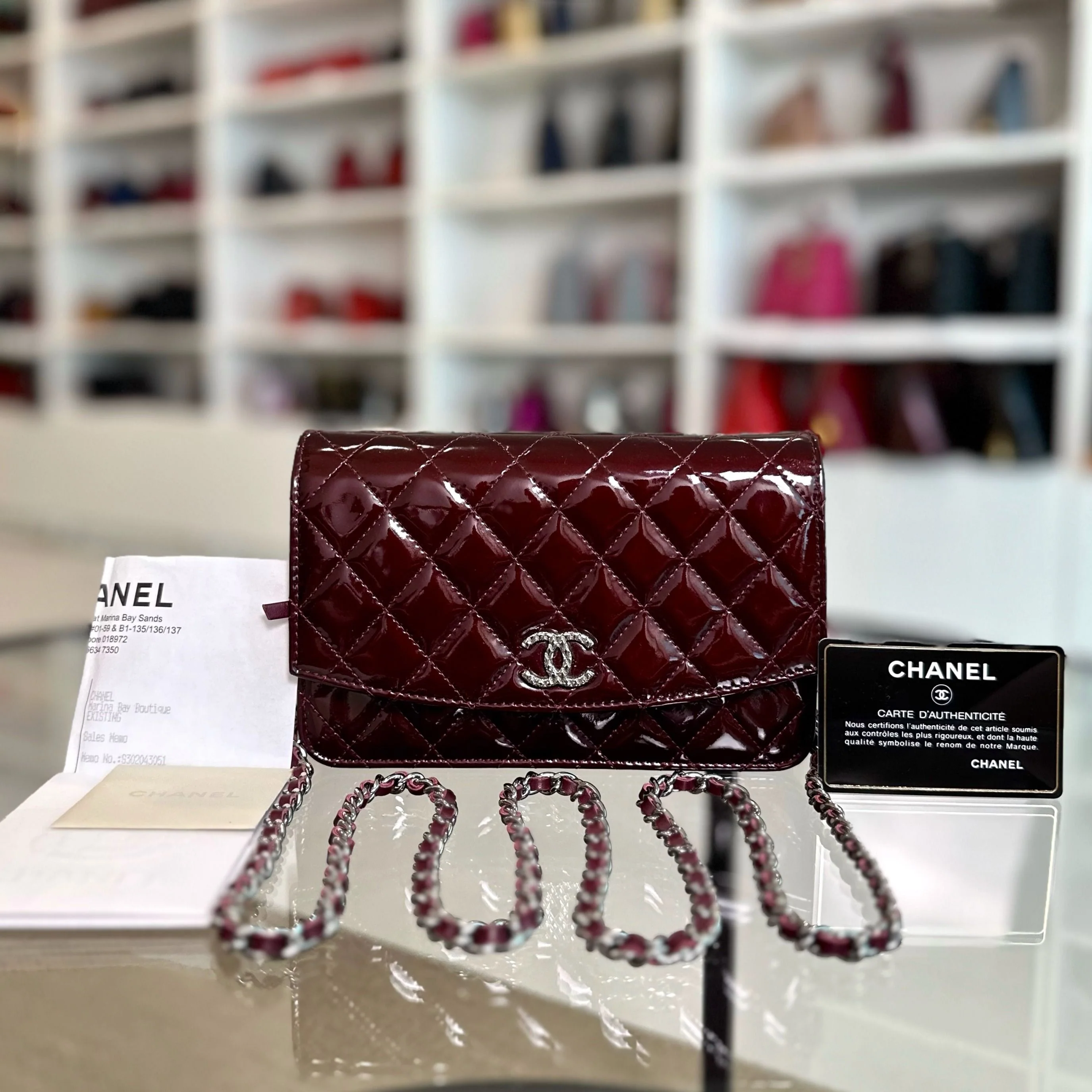 *Receipt* Chanel WOC Wallet On Chain Plum Patent Leather SHW No 18 - Best Luxury Designers