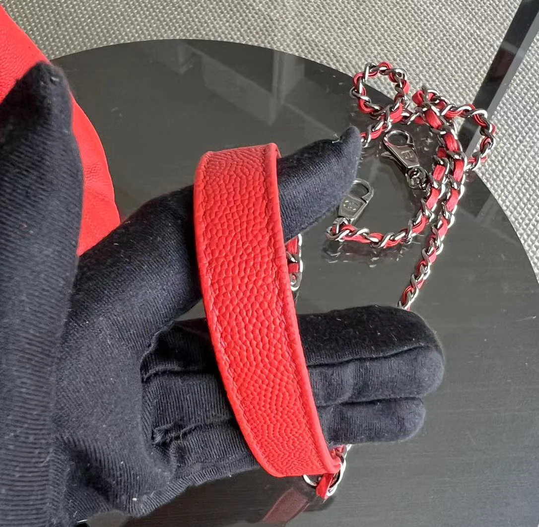 *Receipt, Full Set* Chanel Caviar Small Coco Handle Chevron Calfskin Light Red Silver Hardware Series 28 - Best Luxury Designers