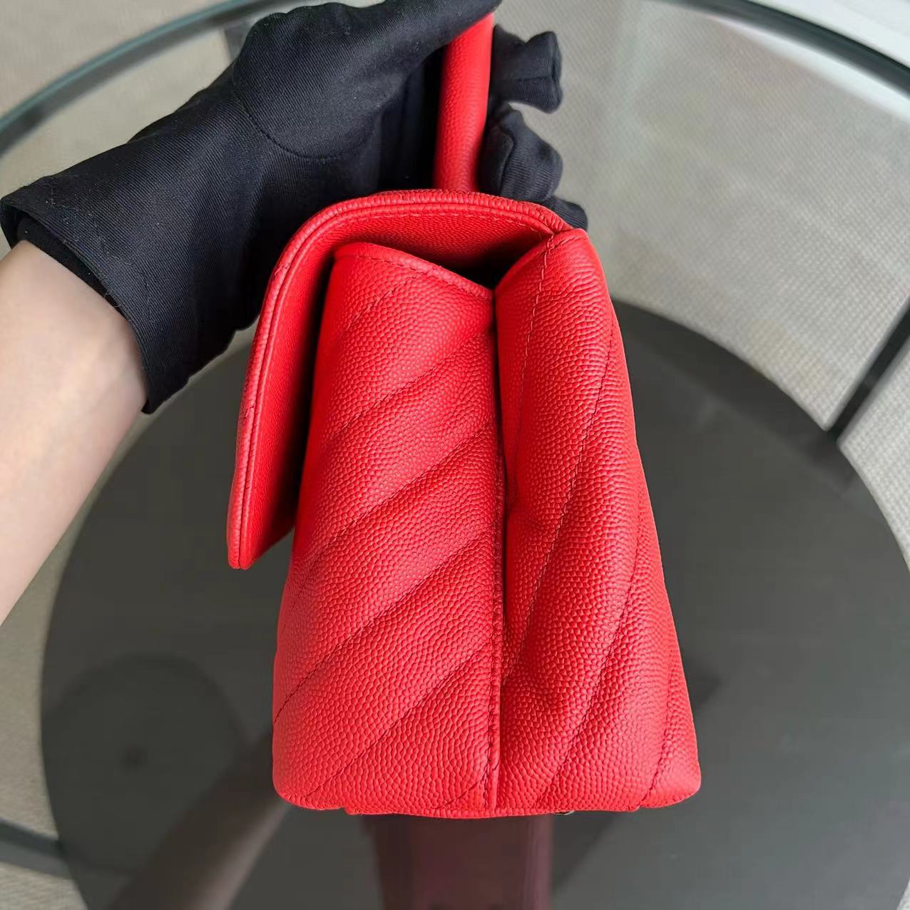 *Receipt, Full Set* Chanel Caviar Small Coco Handle Chevron Calfskin Light Red Silver Hardware Series 28 - Best Luxury Designers