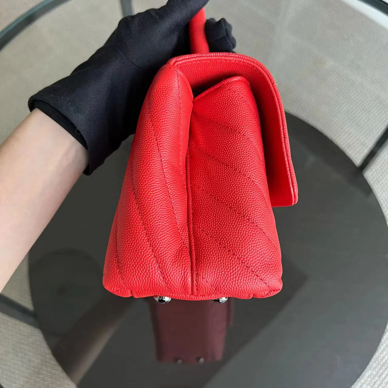 *Receipt, Full Set* Chanel Caviar Small Coco Handle Chevron Calfskin Light Red Silver Hardware Series 28 - Best Luxury Designers