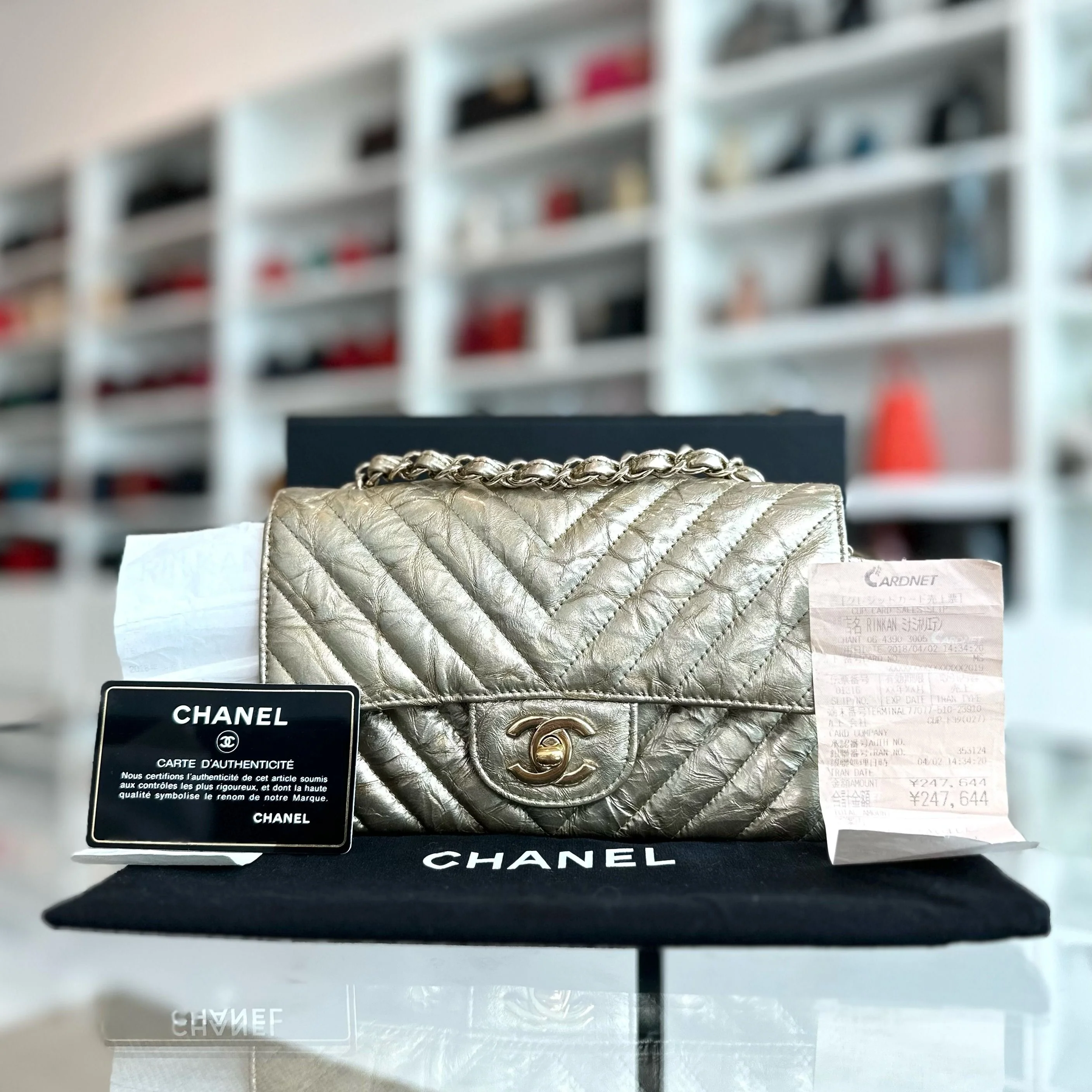 *Receipt, Full Set* Chanel Mini Rectangular Classic Flap Chevron Metallic Crumpled Patent Calfskin Gold GHW No 25 - Best Luxury Designers