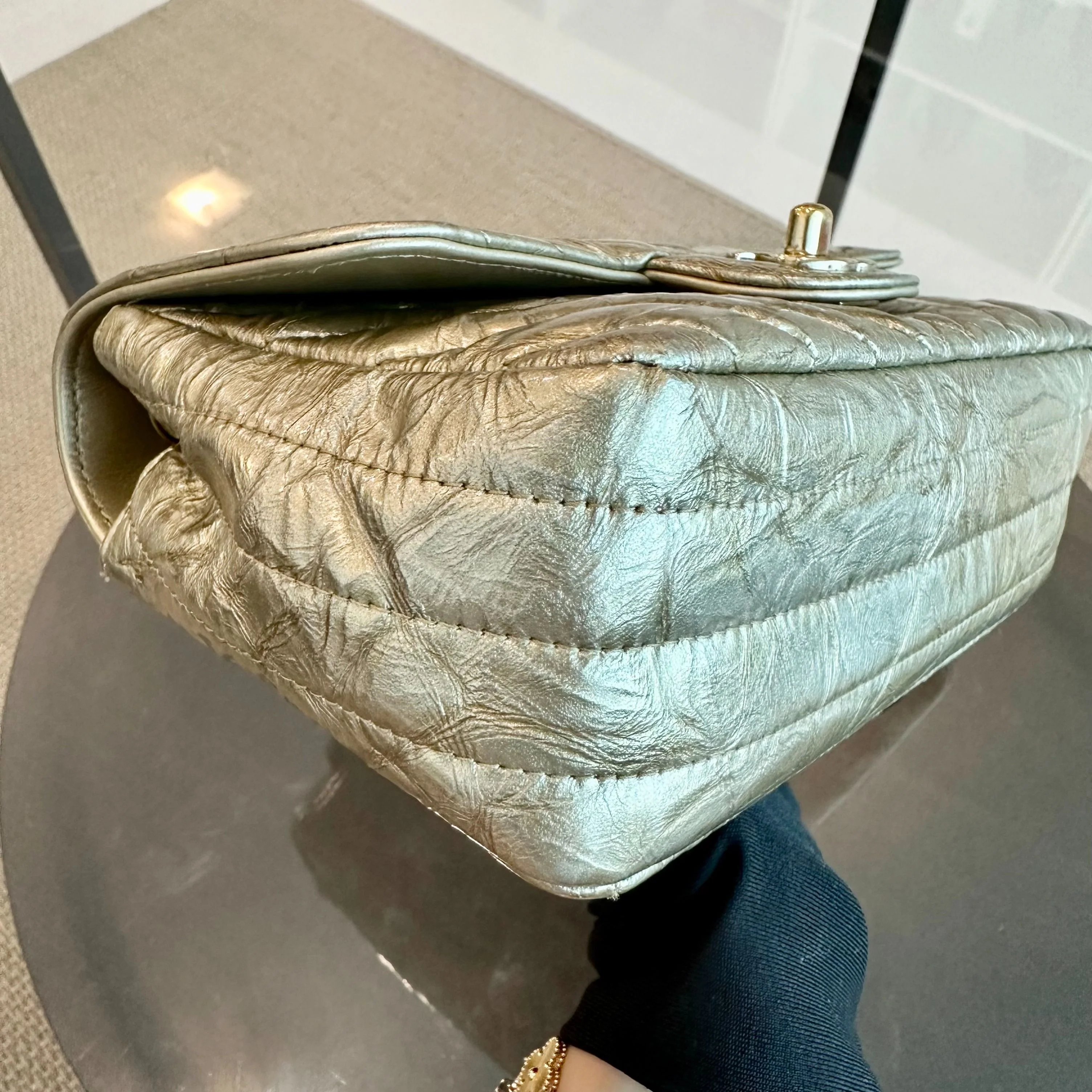 *Receipt, Full Set* Chanel Mini Rectangular Classic Flap Chevron Metallic Crumpled Patent Calfskin Gold GHW No 25 - Best Luxury Designers