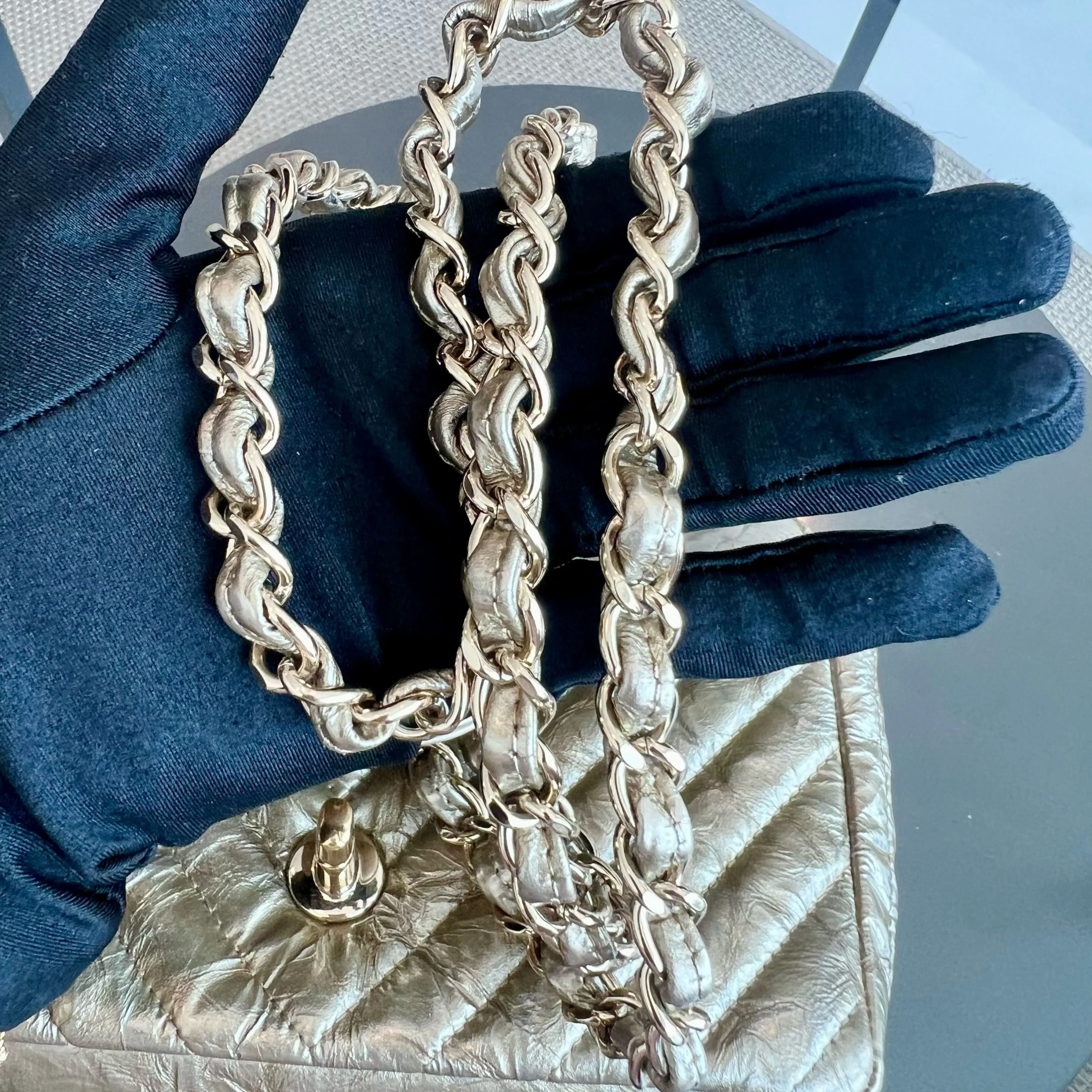 *Receipt, Full Set* Chanel Mini Rectangular Classic Flap Chevron Metallic Crumpled Patent Calfskin Gold GHW No 25 - Best Luxury Designers