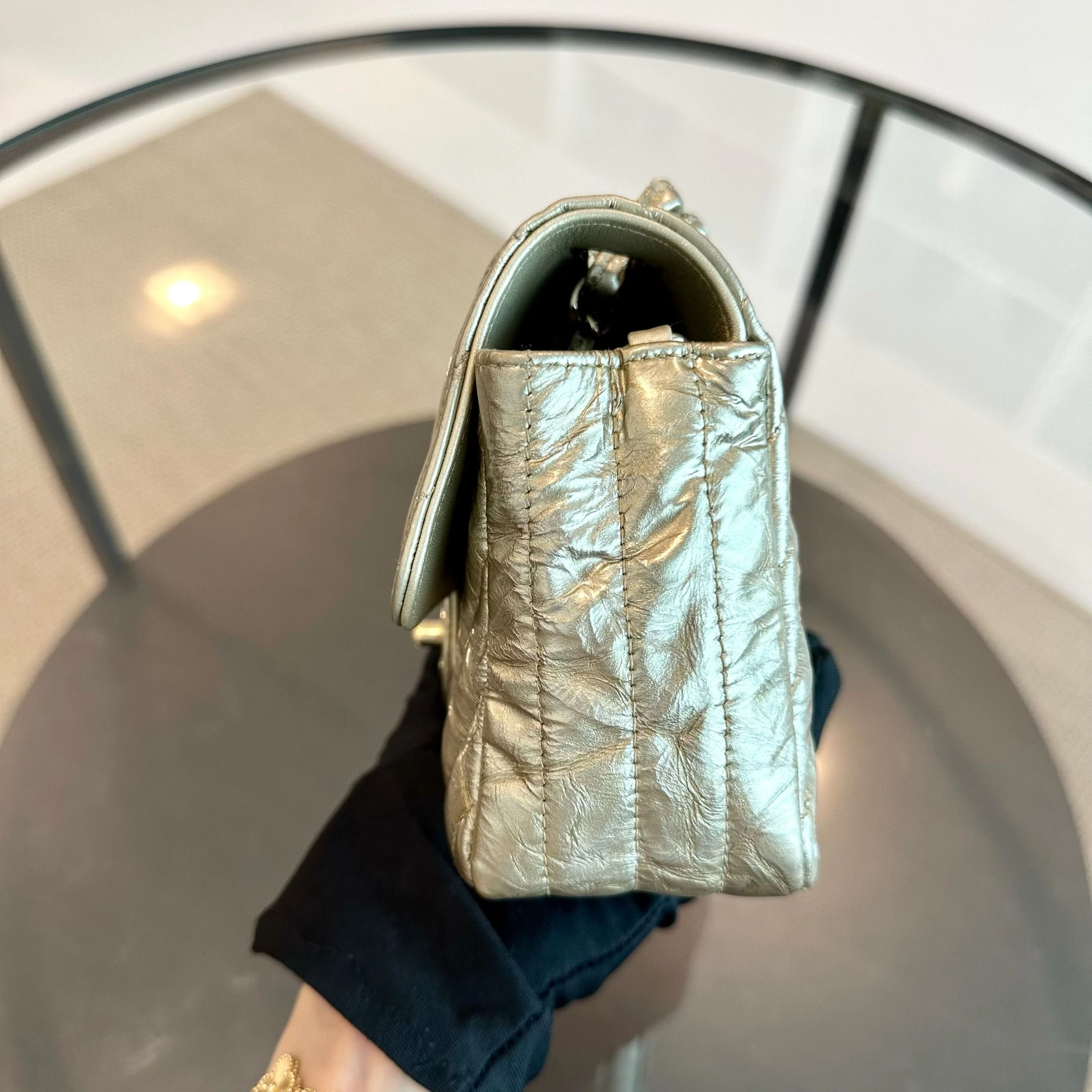 *Receipt, Full Set* Chanel Mini Rectangular Classic Flap Chevron Metallic Crumpled Patent Calfskin Gold GHW No 25 - Best Luxury Designers