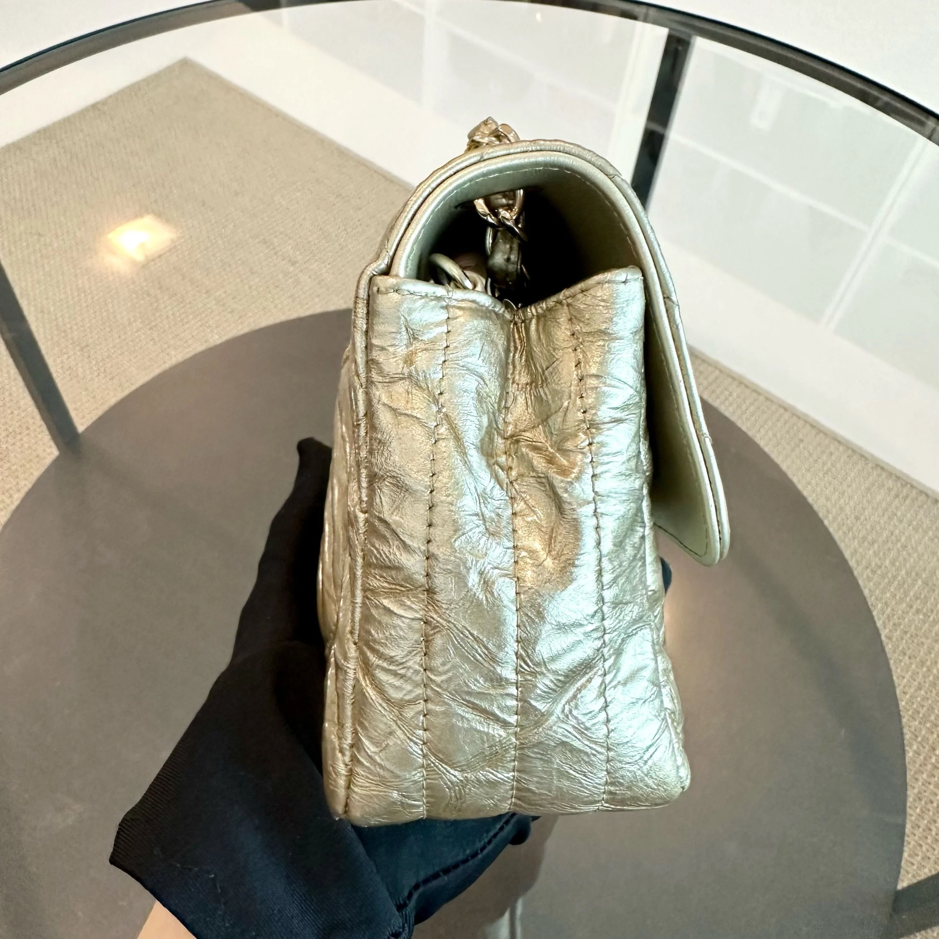 *Receipt, Full Set* Chanel Mini Rectangular Classic Flap Chevron Metallic Crumpled Patent Calfskin Gold GHW No 25 - Best Luxury Designers