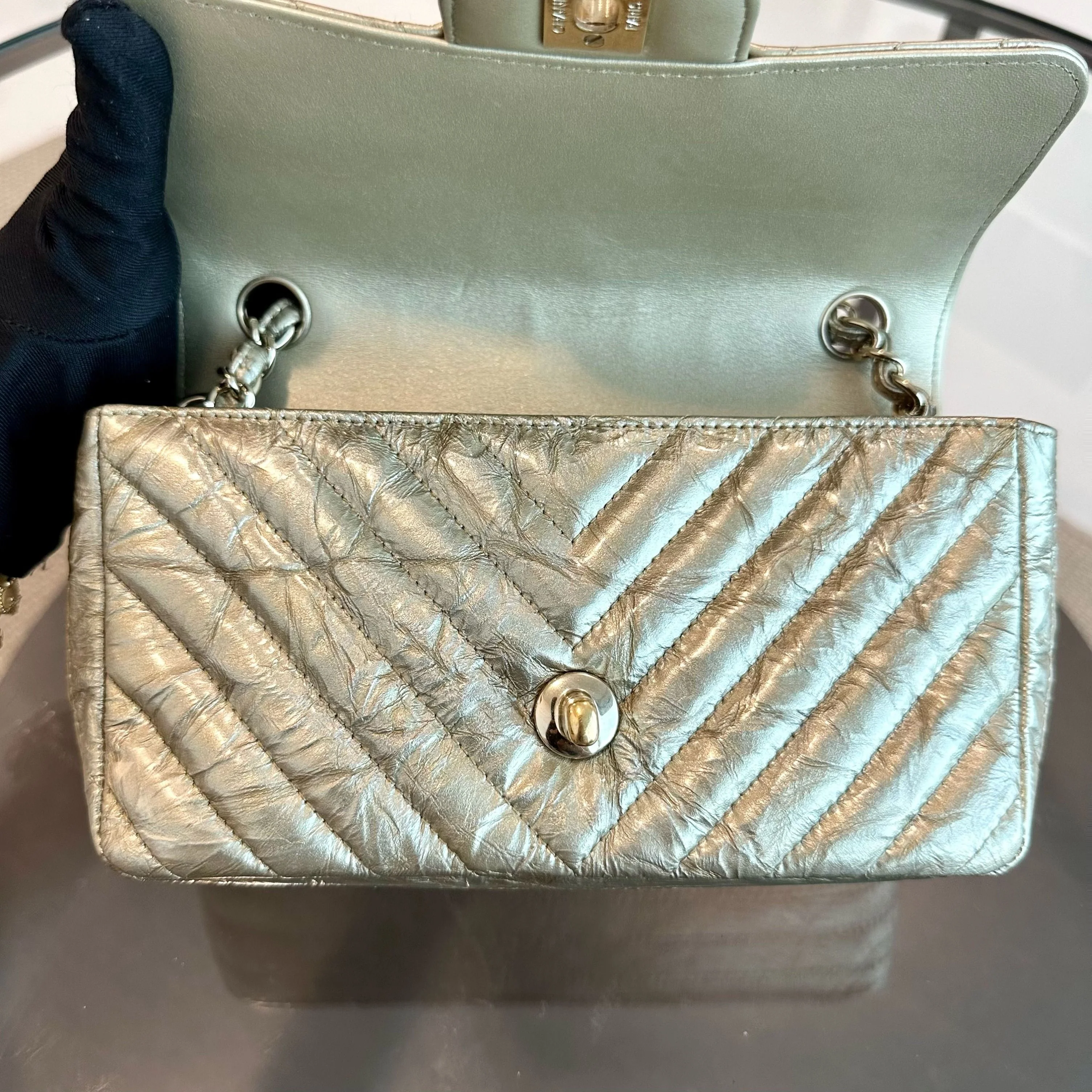 *Receipt, Full Set* Chanel Mini Rectangular Classic Flap Chevron Metallic Crumpled Patent Calfskin Gold GHW No 25 - Best Luxury Designers