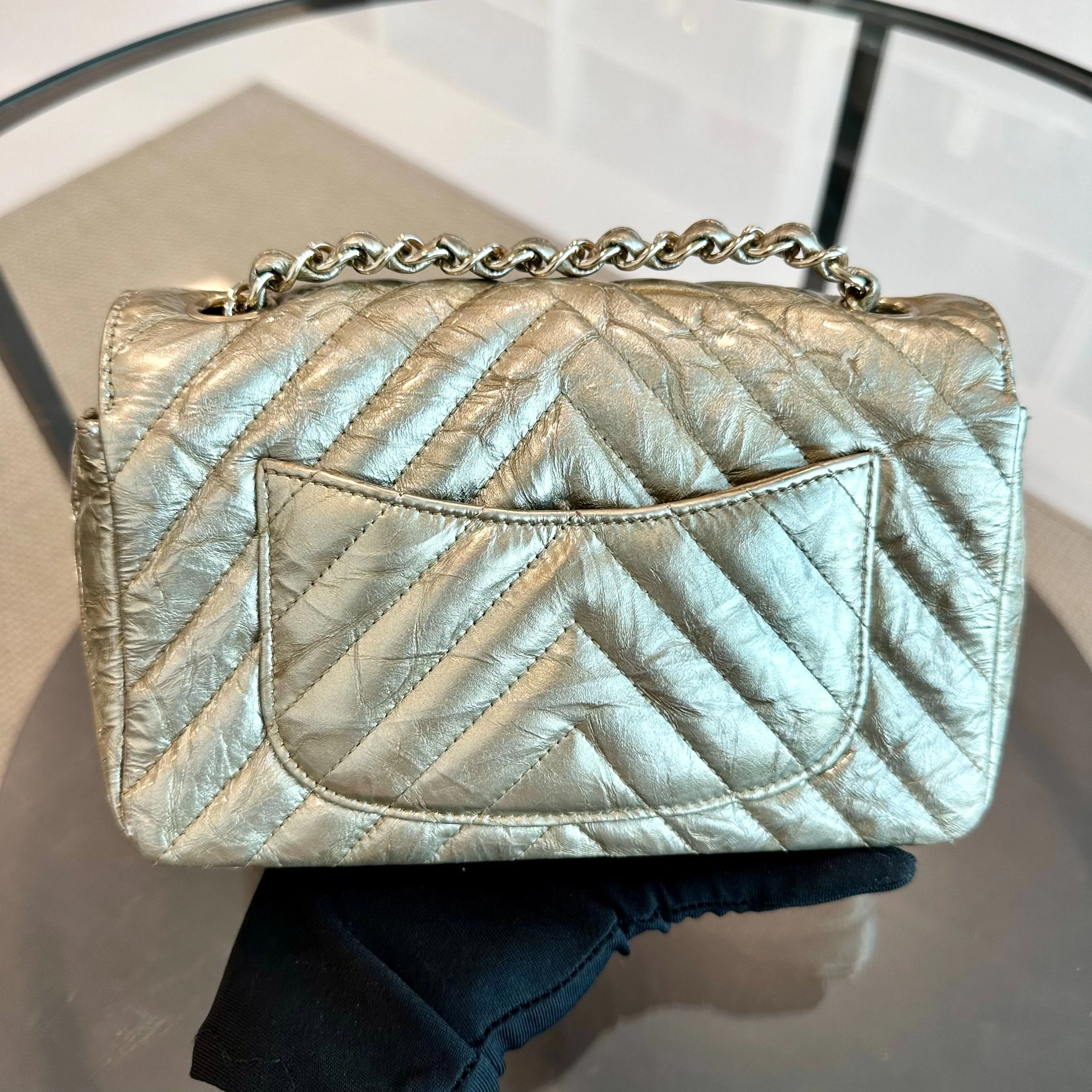 *Receipt, Full Set* Chanel Mini Rectangular Classic Flap Chevron Metallic Crumpled Patent Calfskin Gold GHW No 25 - Best Luxury Designers