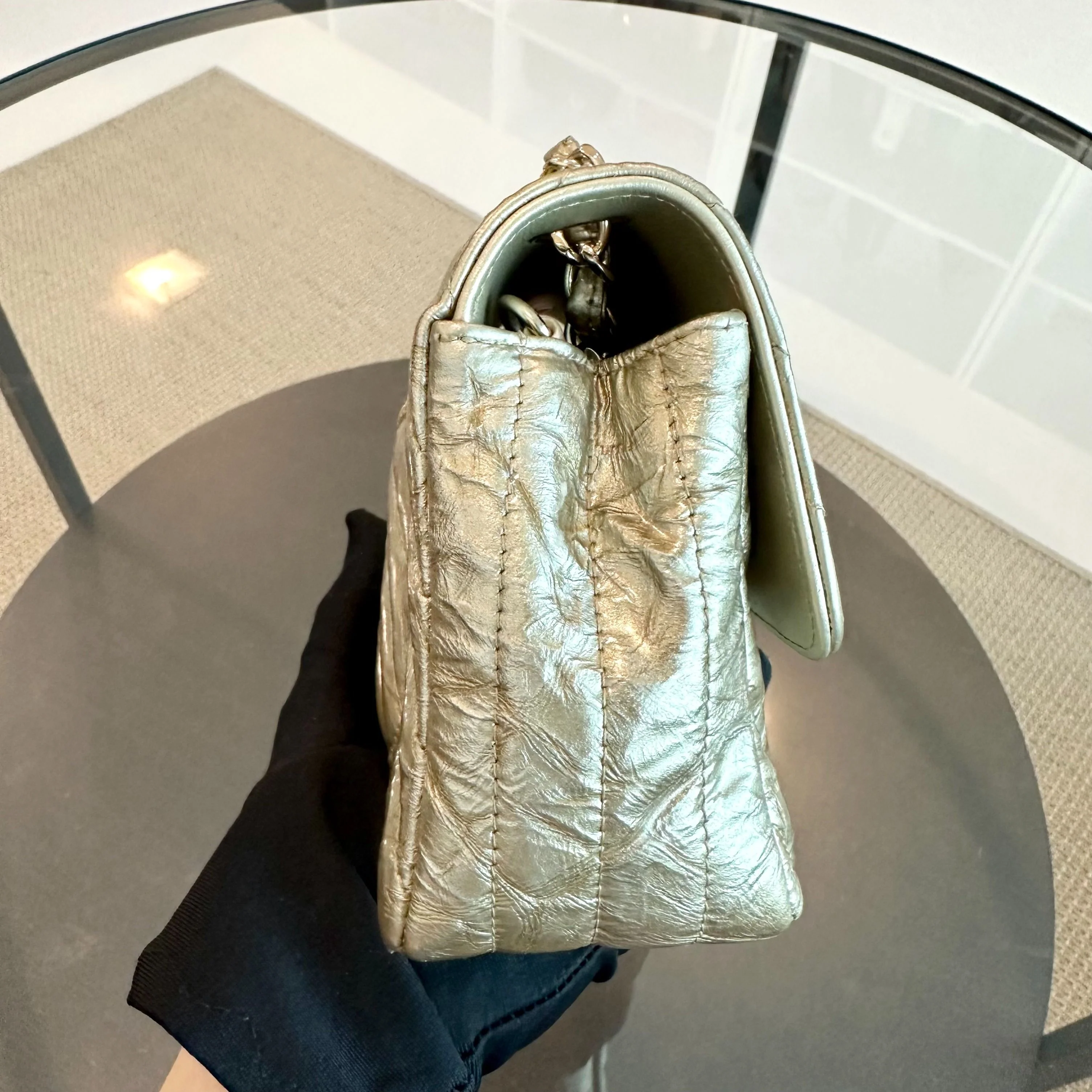 *Receipt, Full Set* Chanel Mini Rectangular Classic Flap Chevron Metallic Crumpled Patent Calfskin Gold GHW No 25 - Best Luxury Designers