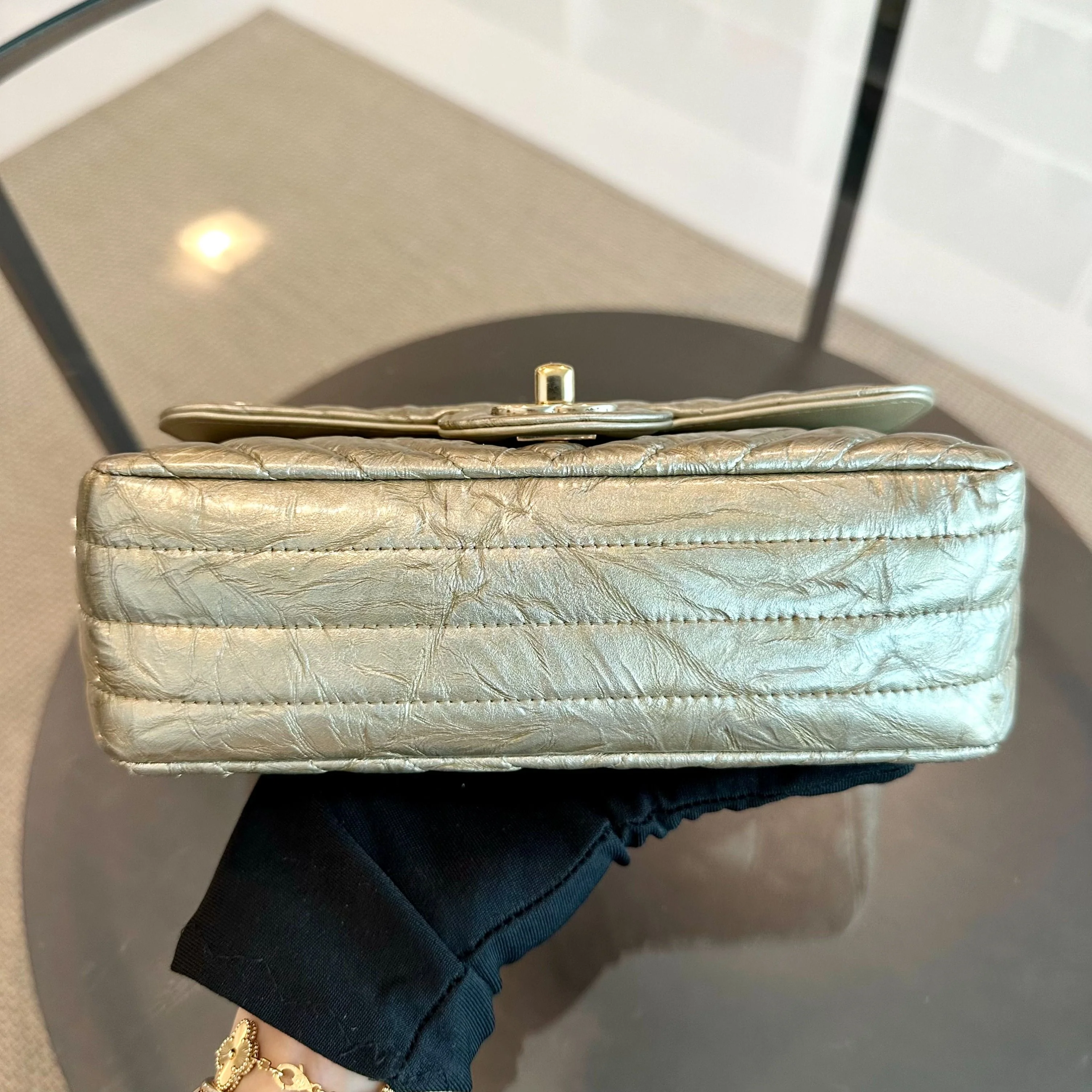 *Receipt, Full Set* Chanel Mini Rectangular Classic Flap Chevron Metallic Crumpled Patent Calfskin Gold GHW No 25 - Best Luxury Designers