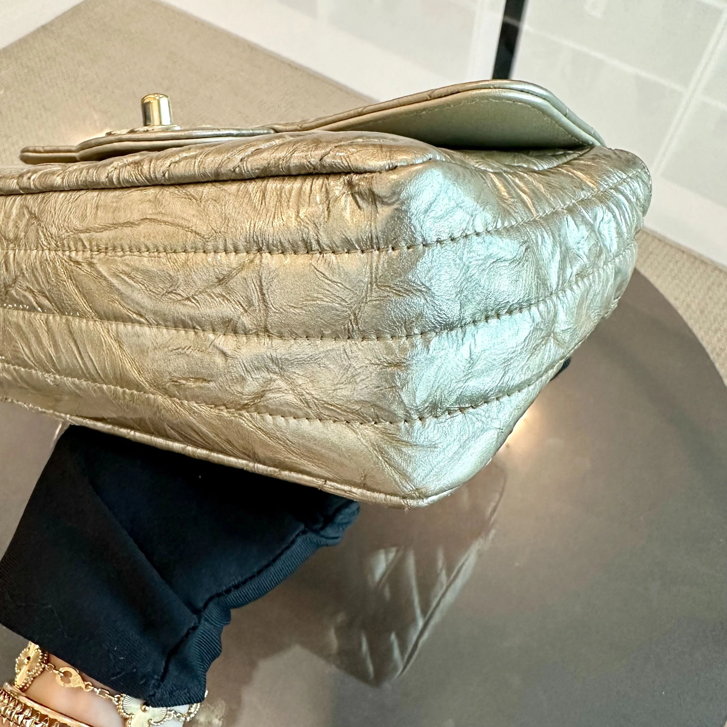 *Receipt, Full Set* Chanel Mini Rectangular Classic Flap Chevron Metallic Crumpled Patent Calfskin Gold GHW No 25 - Best Luxury Designers