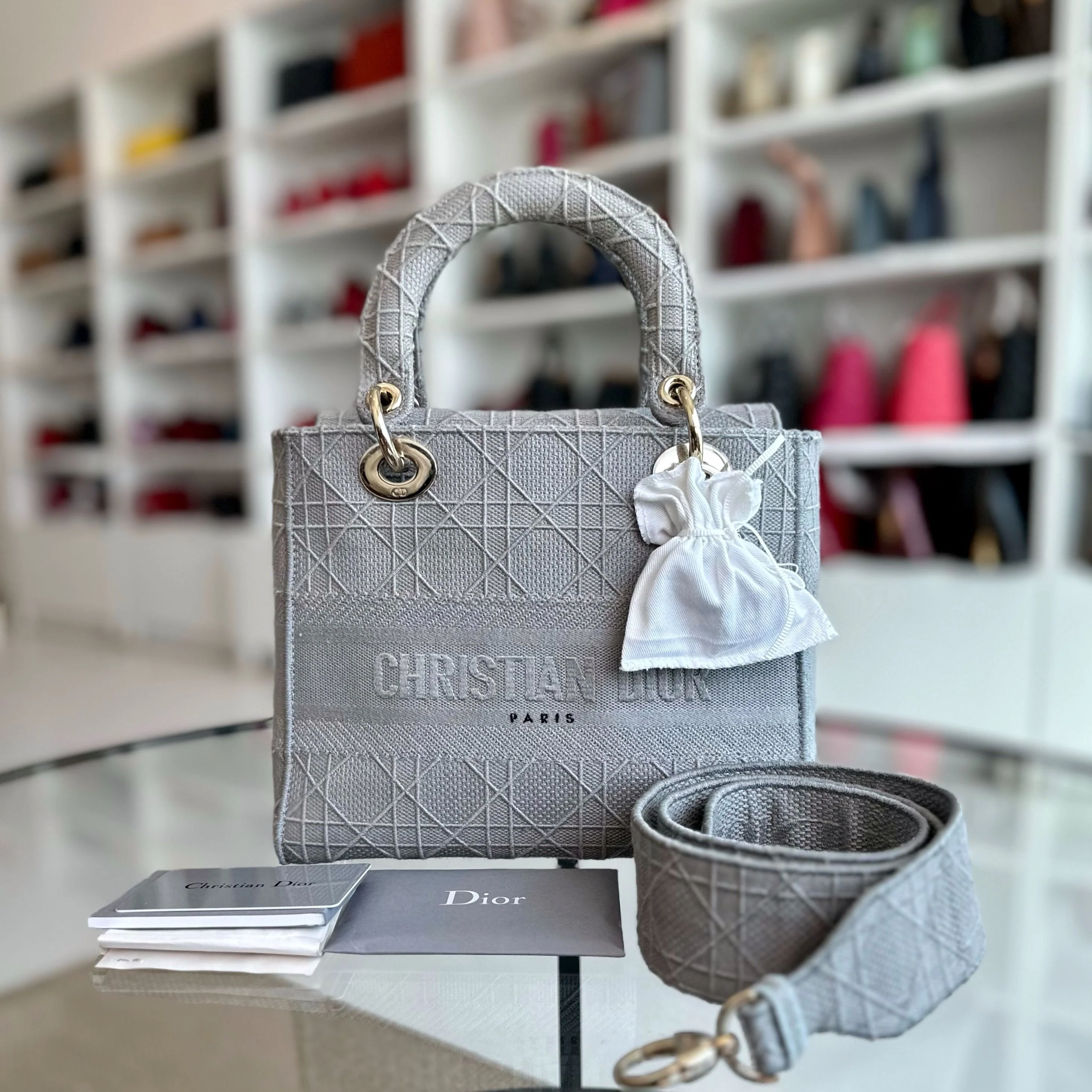 *Reciept* Dior Lady D-Lite Grey Cannage Embroidery GHW - Best Luxury Designers