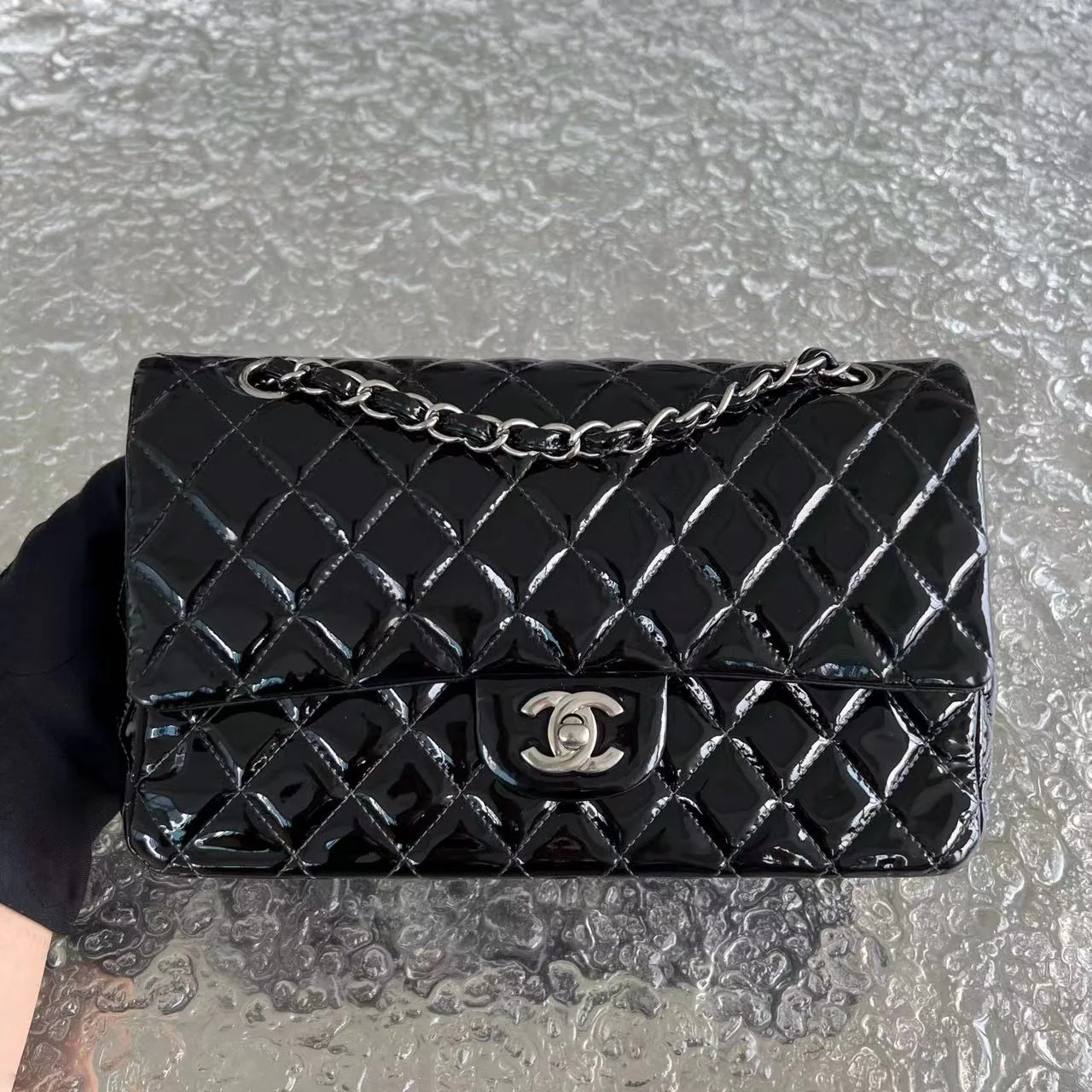 *Recolor* Chanel Medium Classic Flap Quilted Patent Leather Black Silver Hardware Series 17 - Best Luxury Designers