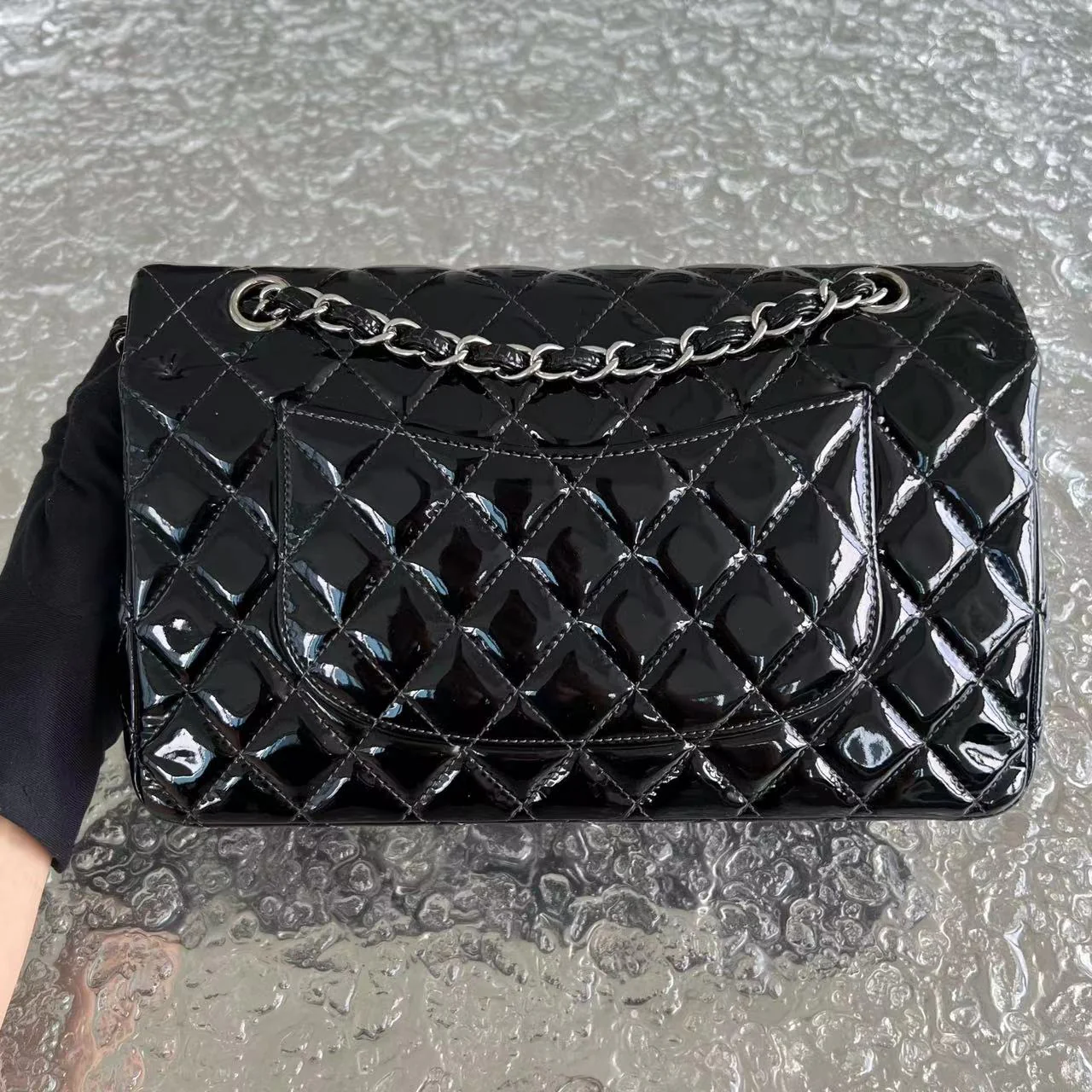 *Recolor* Chanel Medium Classic Flap Quilted Patent Leather Black Silver Hardware Series 17 - Best Luxury Designers