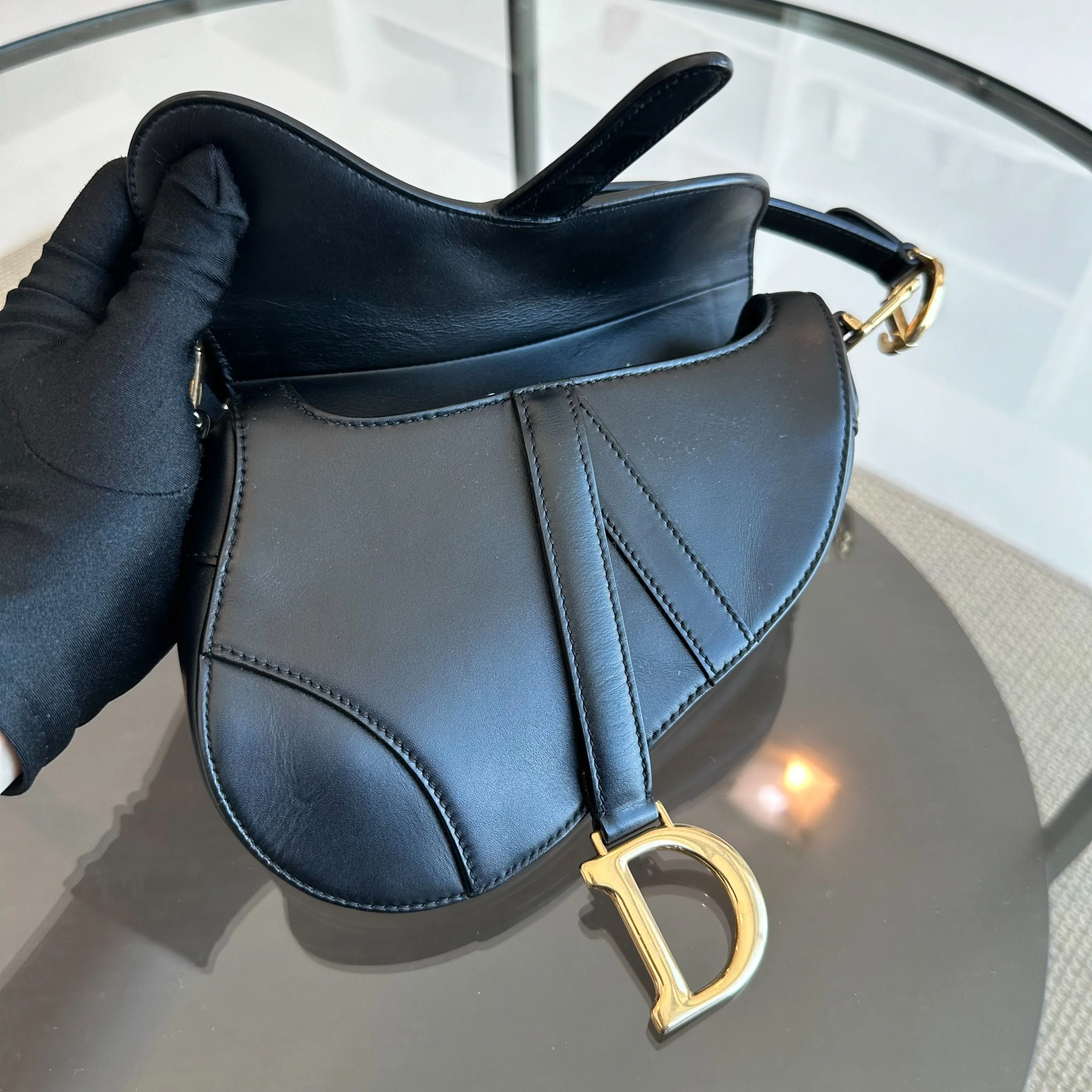 *With Strap* Dior Saddle Small 21CM Black Smooth Calfskin GHW Shoulder Bag - Best Luxury Designers